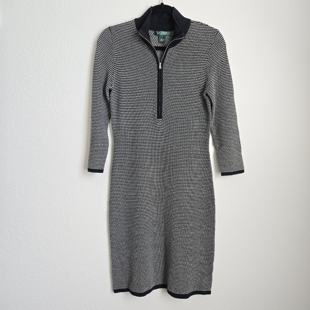 Lauren Ralph Lauren Sweater Knit Mock Neck Quarter Zip 3/4 Sleeve Dress Size S